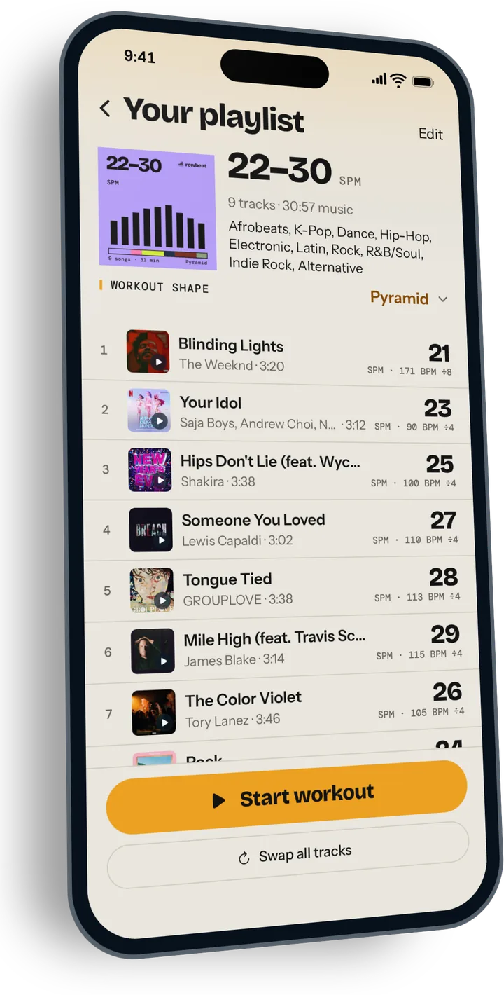 Your playlist in light mode: a lavender album cover beside 22 to 30 SPM, 9 tracks, 30:57 of music and ten genres, the Pyramid shape chosen, and each track with the stroke rate it was matched to and the song's BPM.