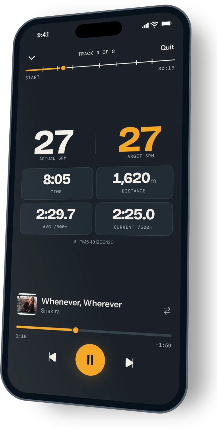 The player in dark mode with a PM5 connected: track 3 of 8 marked on the course line, actual and target stroke rate both 27, then 8:05 of time, 1,620 meters and both 500 m splits, with Whenever, Wherever by Shakira playing.