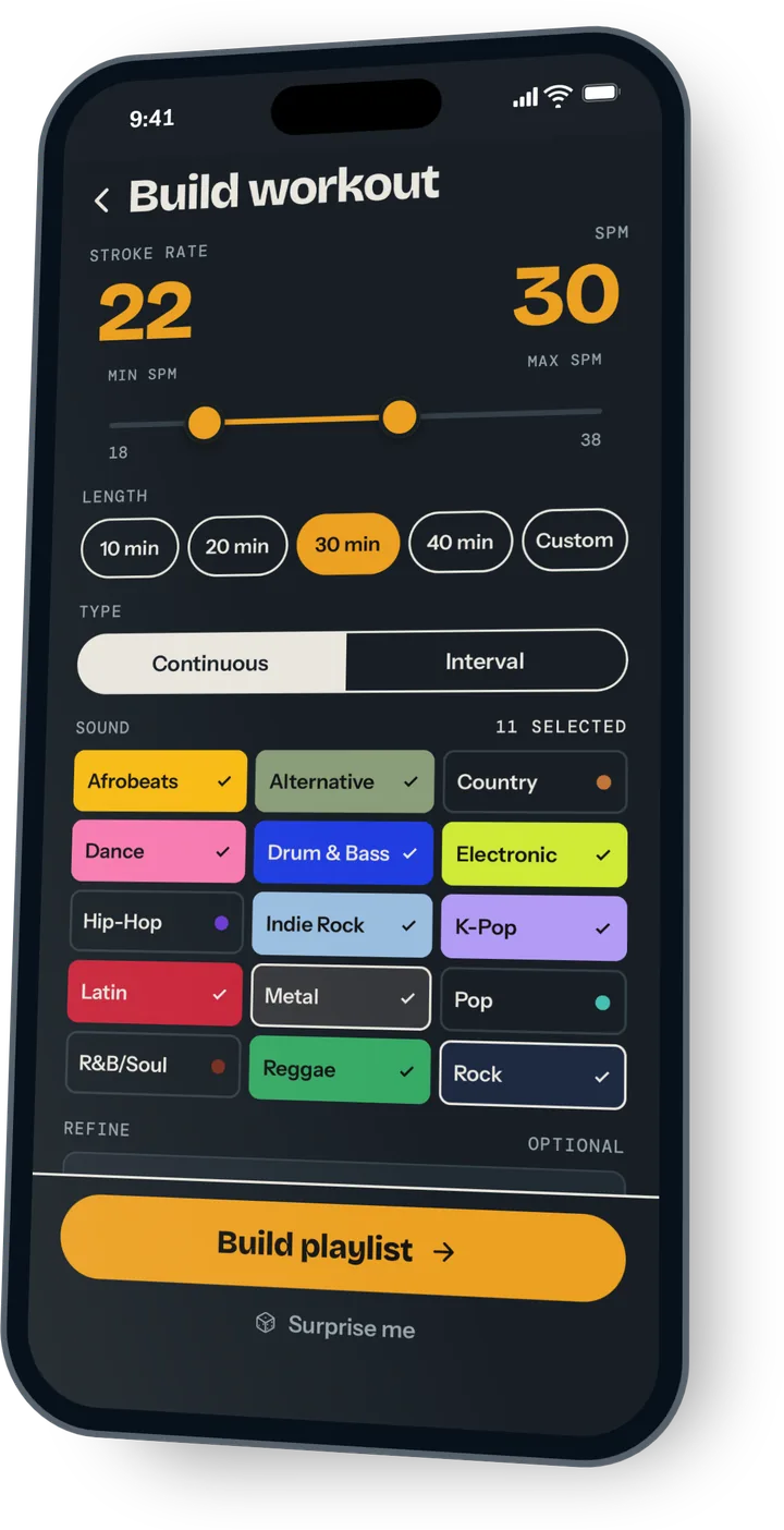 Build workout in dark mode: a stroke-rate range of 22 to 30, a 30-minute continuous row, the fifteen genres as color tiles with eleven chosen, and the Build playlist button.